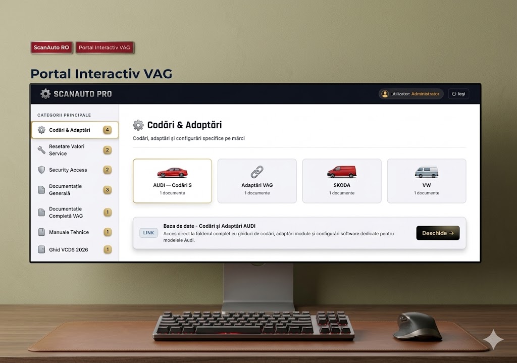 nterfață Portal Interactiv VAG pe monitor – Bază de date ScanAuto pentru codări, adaptări și documentație auto premium.