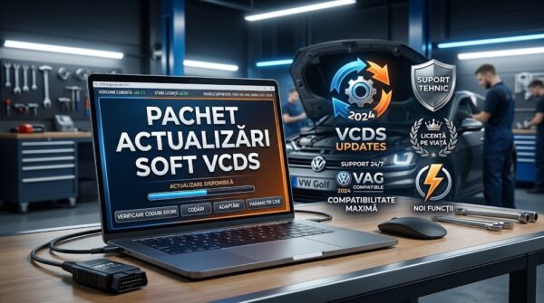 Actualizări Soft VCDS Pachet Actualizări Soft VCDS pe laptop într-un atelier auto